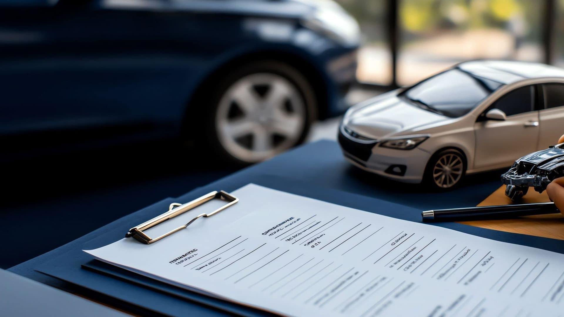 Modellauto und Klemmbrett, im Hintergrund ein richtiges Auto.