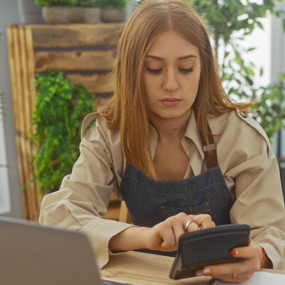 Junge Frau sitzt am Laptop und schaut auf ihr Handy.