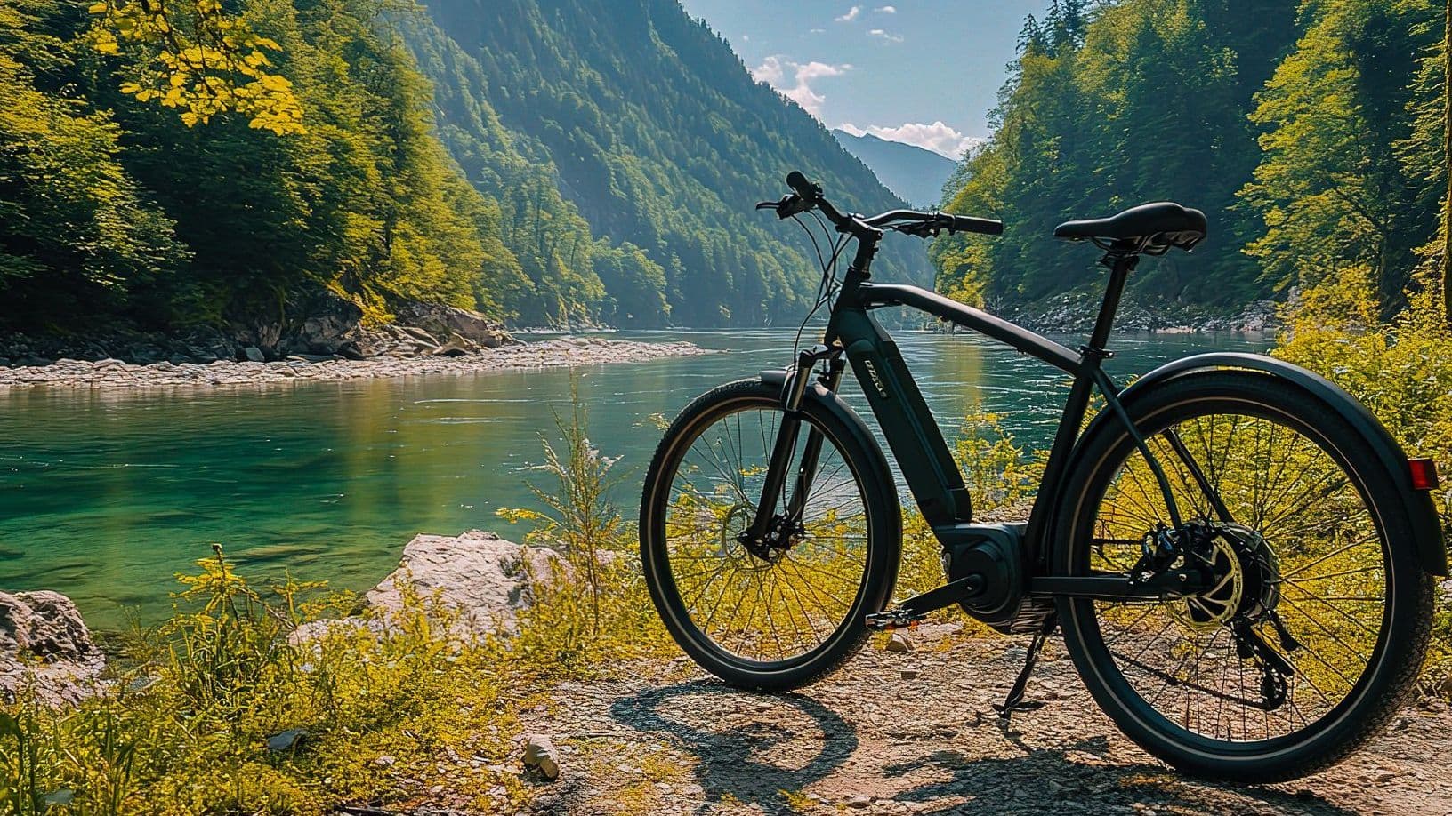 Ein Fahrrad steht an einem malerischen See mit Berg im Hintergrund.