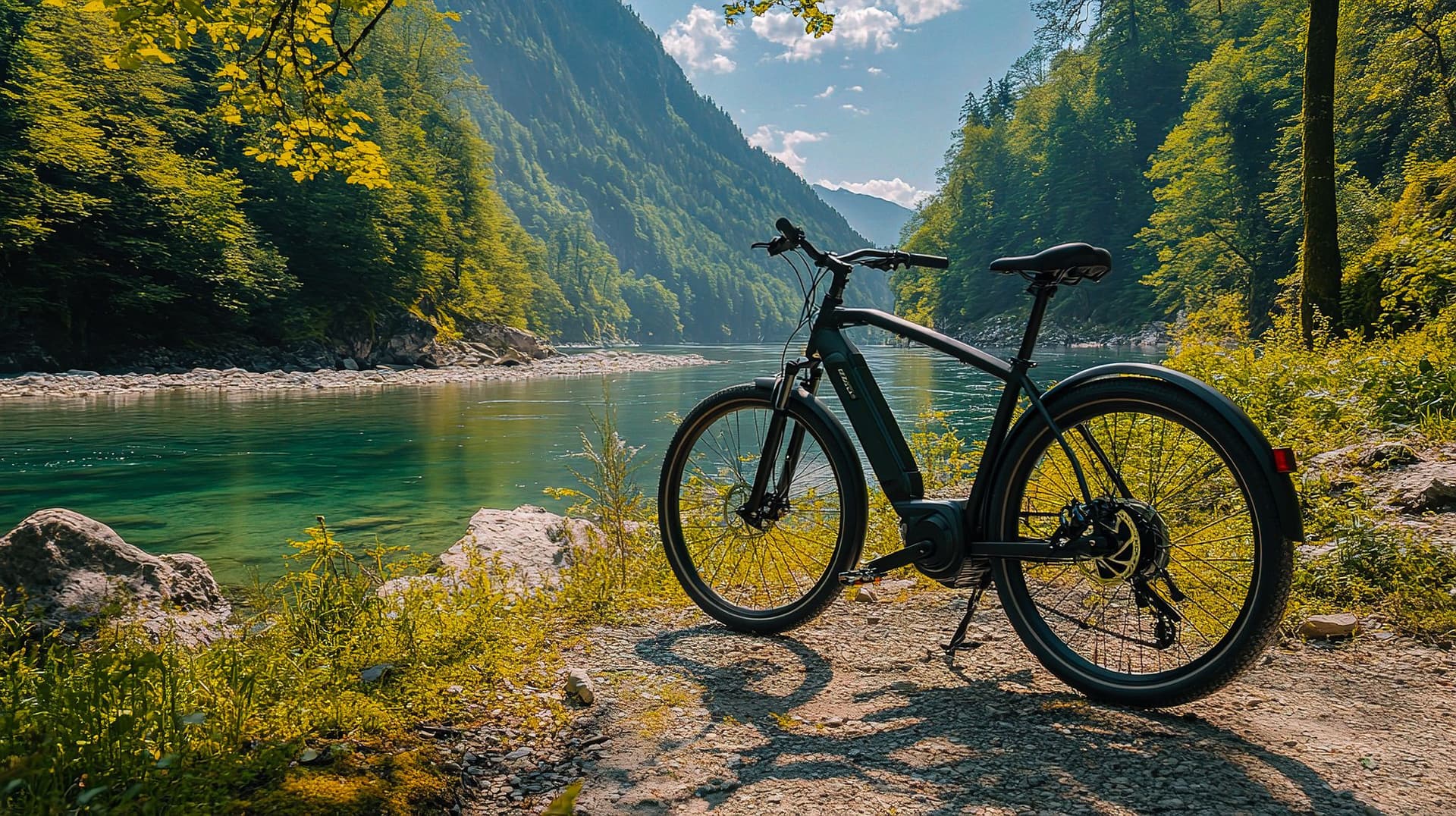 Ein Fahrrad steht an einem malerischen See mit Berg im Hintergrund.