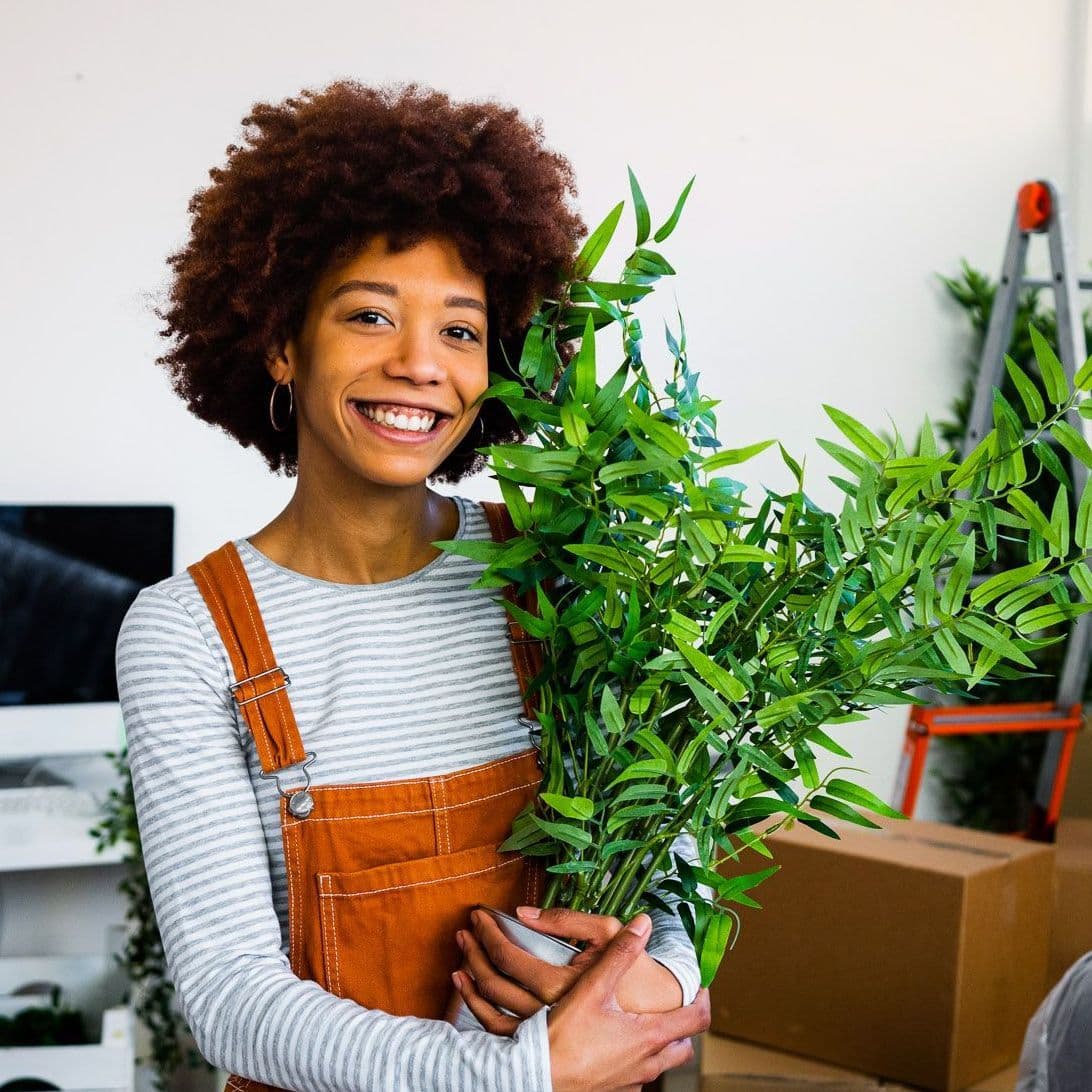 Junge Frau hält Pflanze im Arm, Umzugskisten sind im Hintergrund zu sehen.