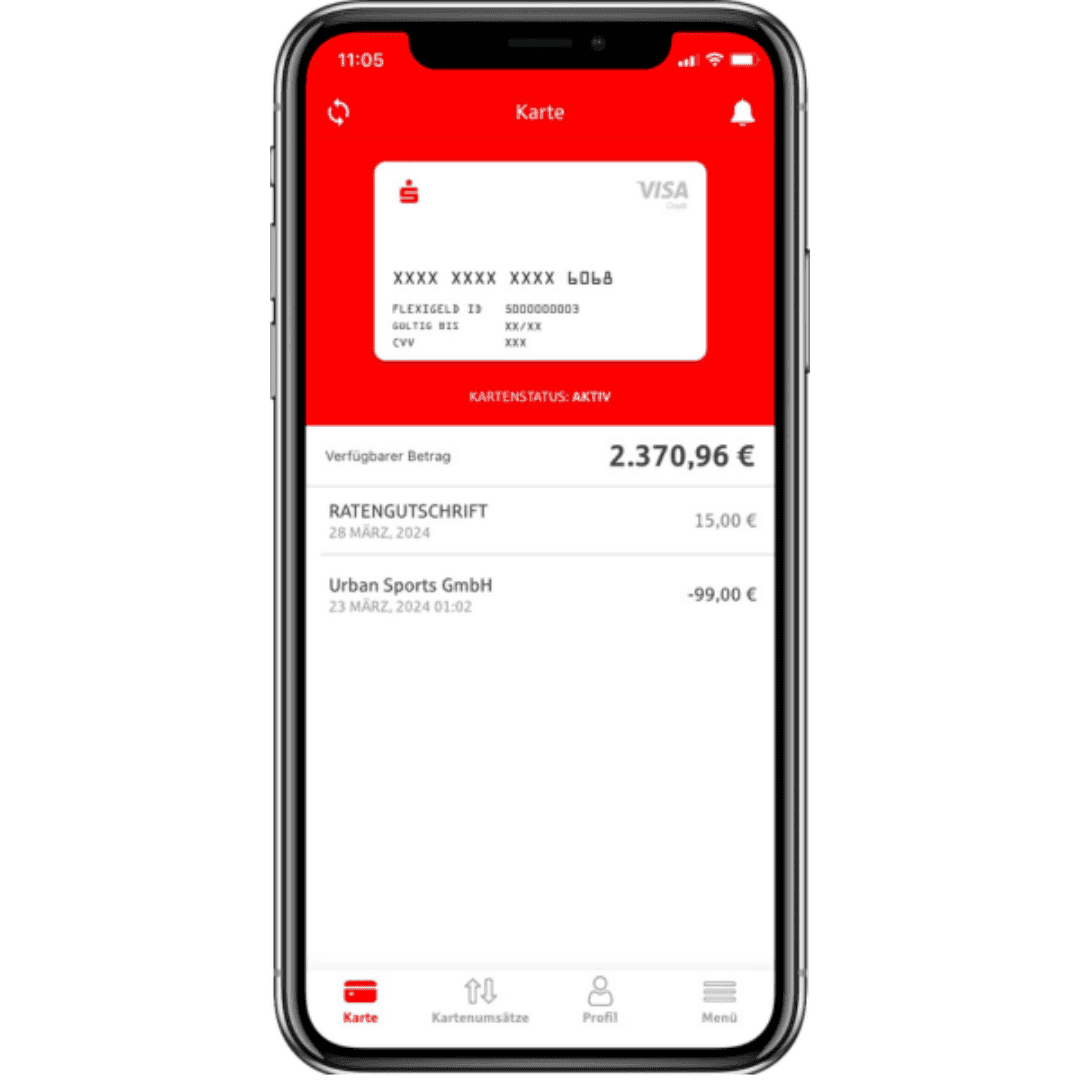 Screenshot eines Smartphones, auf dem FlexiGeld genutzt wird.