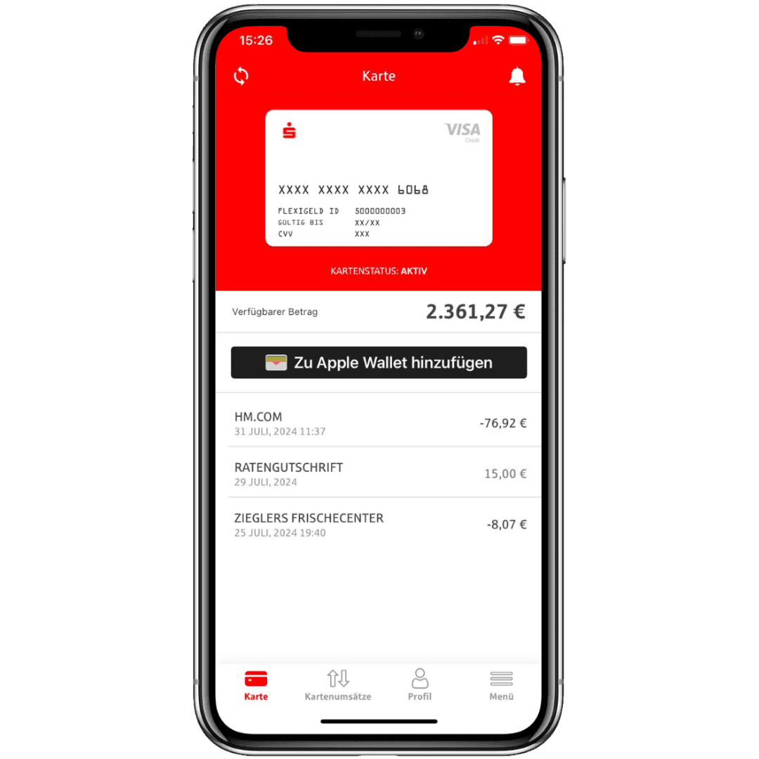 Screenshot eines Smartphones, auf dem FlexiGeld und Apple Pay genutzt werden.