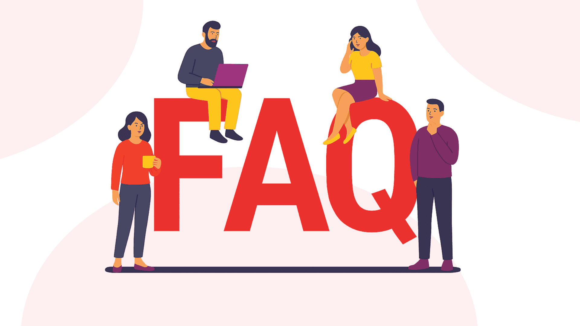 Vier gezeichnete Personen stehen vor bzw. sitzen auf den Buchstaben F-A-Q.