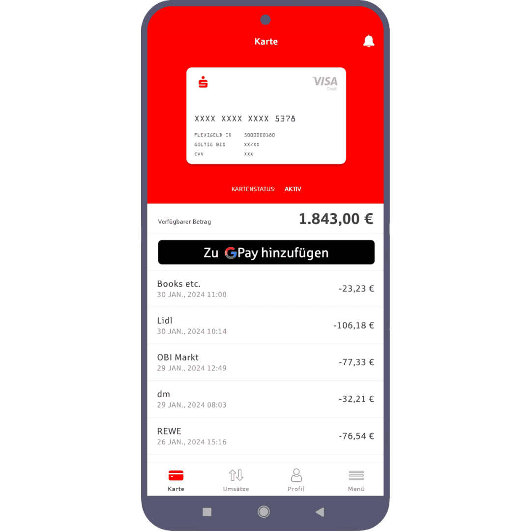 Screenshot eines Smartphones, auf dem FlexiGeld und Google Pay genutzt werden.