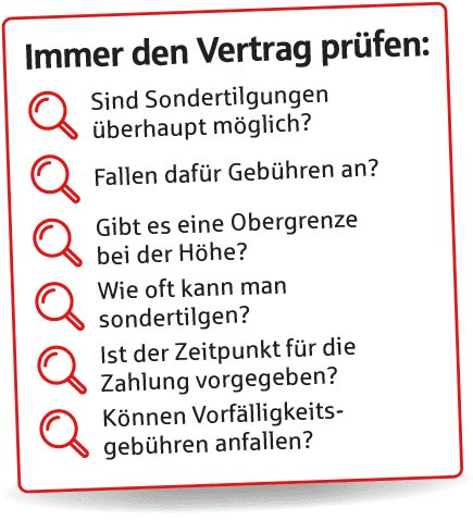 Immer den Vertrag prüfen: Sind Sondertilgungen überhaupt möglich? Fallen dafür Gebühren an? Gibt es eine Obergrenze bei der Höhe? Wie oft kann man sondertilgen? Ist der Zeitpunkt für die Zahlung vorgegeben? Können Vorfälligkeitsgebühren anfallen?